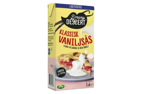 En kartong med Dreamy Dessert klassisk vaniljsås, gjord på grädde och äkta vanilj. Perfekt till pajen för en snabb och god egen vaniljsås.