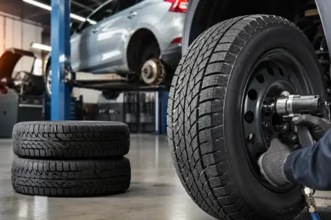 Werkstatt: Reifen werden montiert, ein Auto auf Hebebühne. Informiere dich über den reifen auswuchten preis für deine Sicherheit.