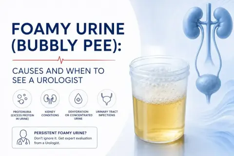 Pieniący się mocz w kubeczku, obok grafika układu moczowego. Informacje o przyczynach i kiedy zgłosić się do urologa.