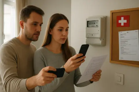 Para z telefonami przy liczniku gazowym i arkuszem papieru.