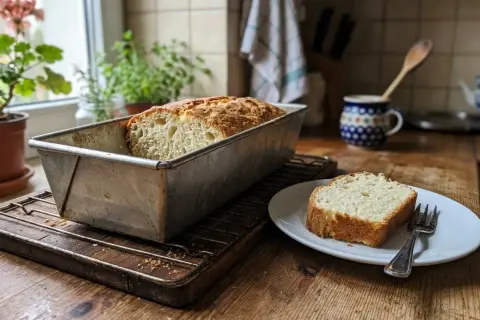 Domowy chleb z drożdży w keksówce, obok kromka na talerzyku. Idealny pomysł, co zrobić z drożdży.