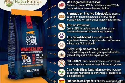 Alimento para perros Primal Spirit Wanderlust, con 70% de ingredientes frescos y proceso de cocción a baja temperatura (pienso prensado en frío) que conserva nutrientes.
