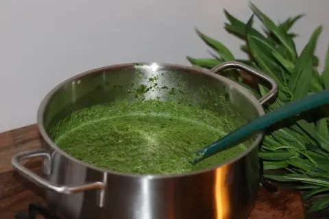 En kastrull med grön spenatsoppa, redo för ett enkelt spenatsoppa recept. Gröna blad syns i bakgrunden.