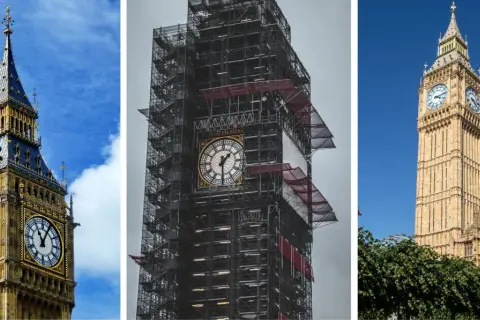 Trzy ujęcia Big Bena: w pełnej krasie, w rusztowaniach podczas renowacji i z fragmentem Pałacu Westminsterskiego. Ciekawe big ben ciekawostki.