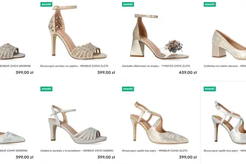 Szukasz idealne buty na ślub? Błyszczące sandały, czółenka i szpilki w kolorze złota i srebra.