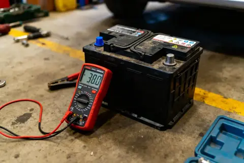 Un multimètre rouge affiche 38.0V, mesurant la tension d'une batterie de voiture dans un atelier.