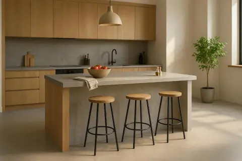 Cocina moderna con encimera microcemento, gabinetes de madera y taburetes.
