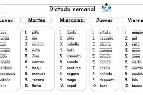 Lista de palabras para dictado 2 primaria, organizada por días de la semana: lunes, martes, miércoles, jueves y viernes.