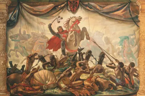 Cabalgata victoriosa de Sancho VI de Navarra, con su ejército arrollando enemigos y bestias.