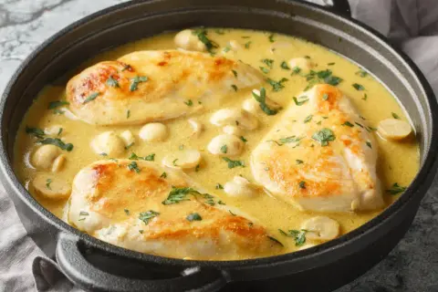 Aromatyczna potrawka z kurczaka w kremowym sosie z pieczarkami, posypana świeżą natką pietruszki, podana w czarnym naczyniu.