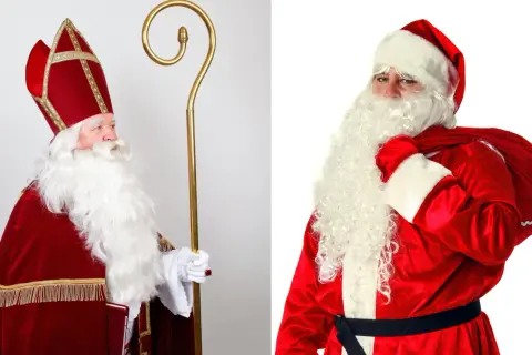 Links: Nikolaus mit Mitra und Stab, rechts Weihnachtsmann mit Sack. Die Darstellung zeigt den Ursprung des Nikolaus.
