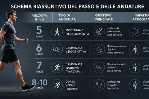 Schema su come si cammina a diverse velocità: da riscaldamento a corsa, con impatto articolare variabile.