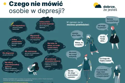 Unikaj stwierdzeń typu "wszyscy czasem mamy doła", bo to nie oddaje pierwszych objawów depresji. Zamiast tego, powiedz "Jestem przy Tobie".