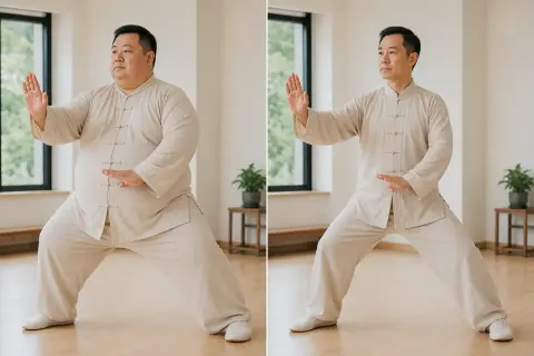 Uomo prima e dopo aver praticato tai chi per dimagrire. La pratica costante porta a un fisico più snello e tonico.