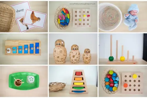 Montessori activities for 18 month old: animal cards, stacking toys, nesting dolls, and fine motor skill games.