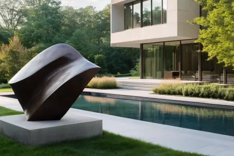 Abstrakte dunkle Skulptur auf Betonpodest neben Pool und modernem Haus.