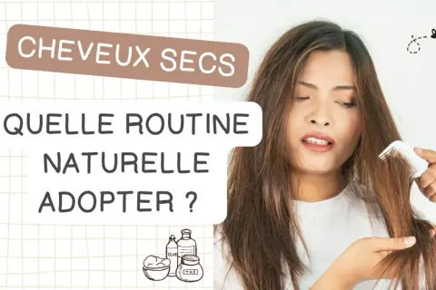 Femme se coiffant les cheveux secs avec un peigne, entourée d'illustrations de produits capillaires naturels.