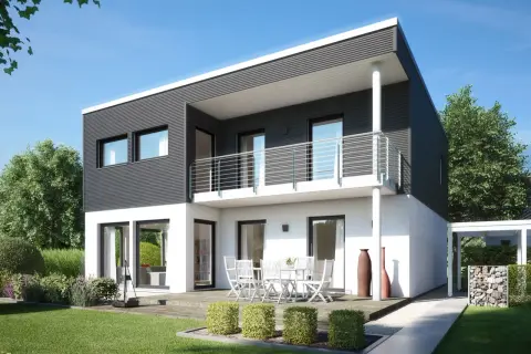 Moderner Fertighaus Kubus mit zwei Etagen, Balkon und Terrasse. Einladende Gartenmöbel laden zum Verweilen ein.
