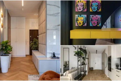 Przedpokój loft inspiracje: nowoczesne wnętrza z drewnianą podłogą, sztukaterią i designerskimi dodatkami.