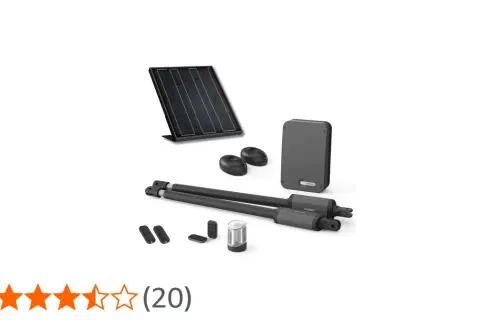 Kit motorisation portail Avidsen Styrka 310 : panneaux solaires, moteurs, boîtier de contrôle, télécommandes et photocellules.