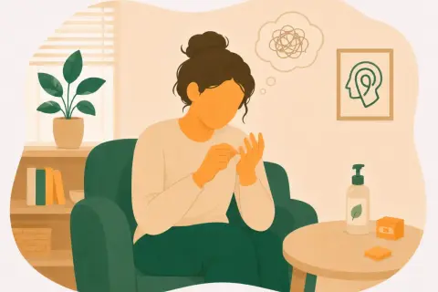 Kvinna med dermatillomani och ADHD sitter och plockar på sina naglar. En tankebubbla visar förvirring.