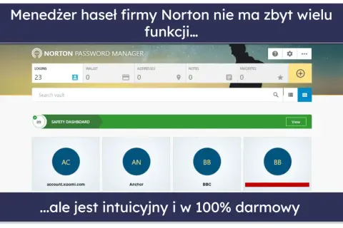 Norton Password Manager, darmowy menedżer haseł, prezentuje przejrzysty interfejs z listą loginów i opcją wyszukiwania.