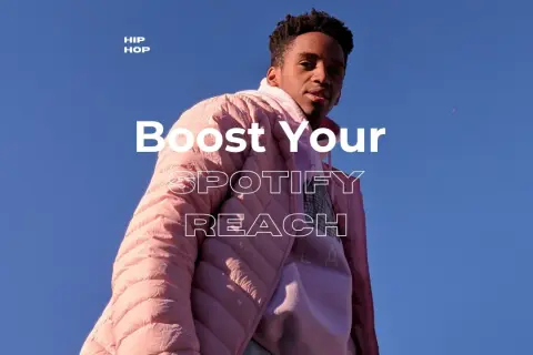 A young man in a pink puffer jacket looks up, text reads "Boost Your SPOTIFY REACH." Discover curated playlists to amplify your music.