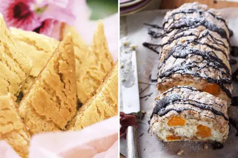 En lista med svenska kakor: gyllene drömmar och en rulltårta med aprikoser och choklad.