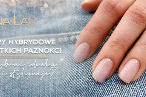 Delikatna hybryda na krótkich paznokciach w pastelowych odcieniach z subtelnymi drobinkami. Idealna propozycja dla każdej kobiety.