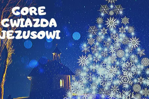 Gore gwiazda Jezusowi. Nocna panorama z kościołem, drzewami i choinką z płatków śniegu.