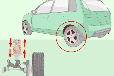 Ilustración de un coche y su sistema de suspensión. El sistema de suspensión sirve para absorber impactos y mantener las ruedas en contacto con el suelo.