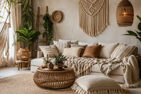 Gemütliches Wohnzimmer im Boho-Stil mit Hängematte, Rattanmöbeln, vielen Kissen und Pflanzen.