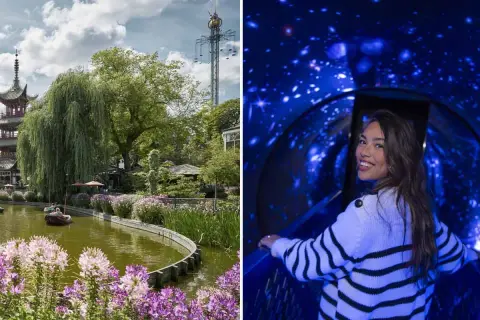 En kvinna ler i en stjärnbeströdd tunnel, en kontrast till den lugna dammen med båtar och ett pagodliknande torn i bakgrunden av the tube copenhagen.