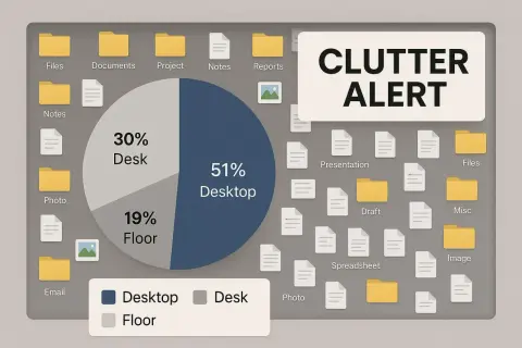 A pie chart shows 51% Desktop, 30% Desk, and 19% Floor, illustrating poor digital file management.