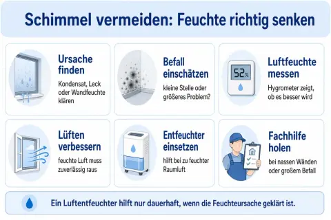Schimmel vermeiden: Ursachen finden, Befall einschätzen, Luftfeuchtigkeit messen & senken. Ein Luftentfeuchter hilft bei zu feuchter Raumluft.