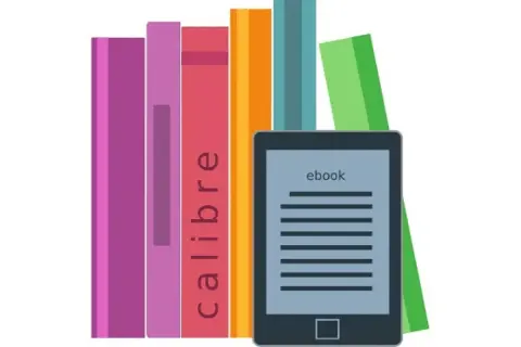 Une liseuse affiche "ebook" à côté de livres colorés, dont un avec "calibre". Le format epub, c'est quoi ? C'est le format de ces livres numériques.