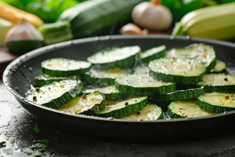 Tranches de courgettes sautées dans une poêle, dégageant une vapeur appétissante. Des grains de poivre noir parsèment les légumes verts.