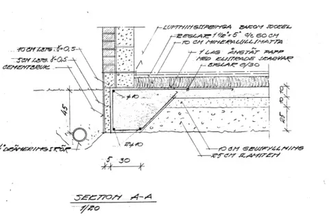 Detaljerad ritning av en betongplatta på mark konstruktion med isolering, dränering och sockel.