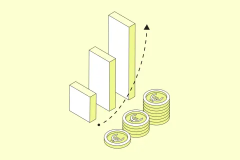 Wachstum der OHG: Balkendiagramm mit Euro-Münzen und Pfeil, der Aufwärtstrend symbolisiert.