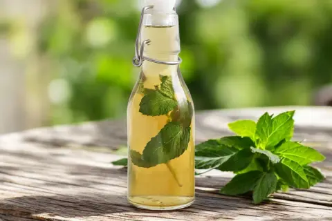 Bouteille de sirop de menthe maison avec des feuilles de menthe fraîche sur une table en bois.
