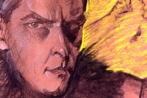 Portret mężczyzny w intensywnych barwach, przypominający styl Witkacego. Jego spojrzenie jest przenikliwe, a tło dynamiczne.