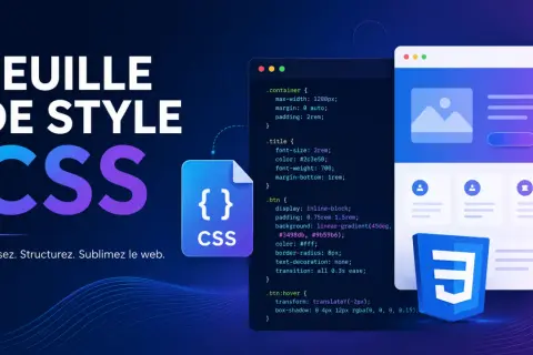 Feuille de style CSS. Le code montre la typographie variable et le design web. Stylisez, structurez, sublimez le web.