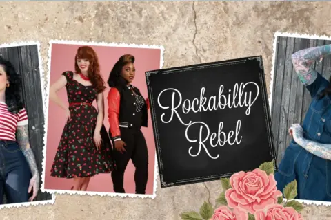 Tre kvinnor i rockabillystil. En bär en randig tröja och jeans, en annan en klänning med körsbärsmönster, och den tredje en rockabilly jacka med röda ärmar.