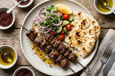 Kebab z grilla z sałatką, pitą i oliwą.