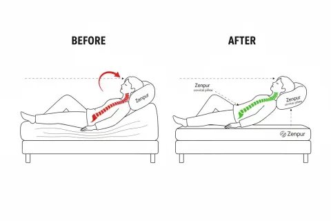 Avant/après : une mauvaise posture du dos devient droite grâce à l'oreiller cervical Zenpur.