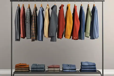 Eine Garderobe mit einer Auswahl an Hemden, Jacken und Jeans – perfekt für eine Capsule Wardrobe für Männer.