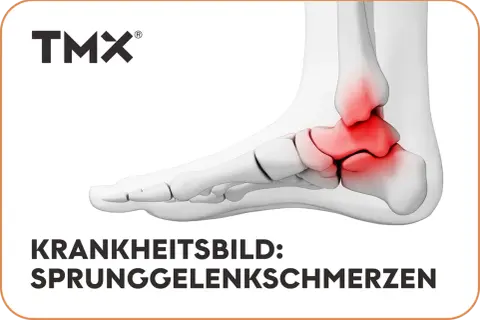 Anatomische Darstellung eines Fußes mit rot hervorgehobenen Bereichen, die Sprunggelenkschmerzen anzeigen. TMX-Logo oben.