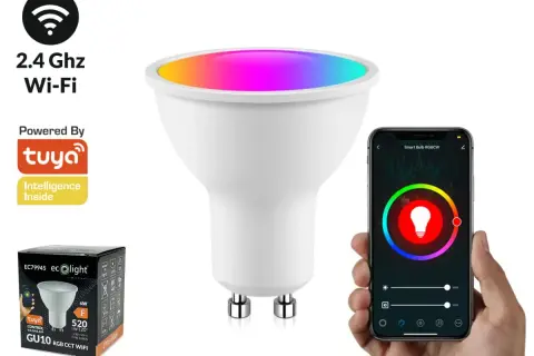 Inteligentna żarówka GU10 RGB zasilana przez Tuya, sterowana przez Wi-Fi. Kolorowe światło i aplikacja na smartfonie.