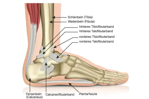 Detailansicht des **Aufbaus Sprunggelenk**: Schien- und Wadenbein, Bänder wie vorderes und hinteres Tibiofibularband, sowie Fersenbein und Plantarfaszie.