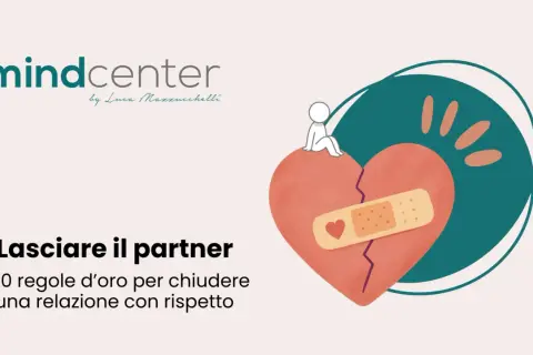 Cuore spezzato con cerotto, un piccolo omino seduto sopra. "Voglio lasciarlo ma ho paura di pentirmene" è il pensiero che accompagna questa immagine.